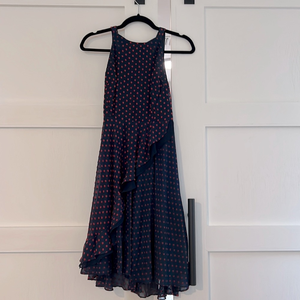 blue red embroidered dot dress. adorable ruffle in the front and back cut out